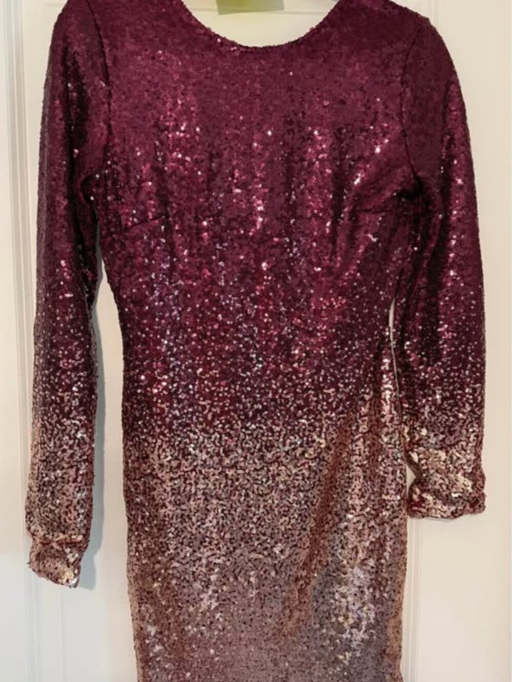 Red to Gold Ombré Sequin Dress with long sleeves and open back from ReVamped